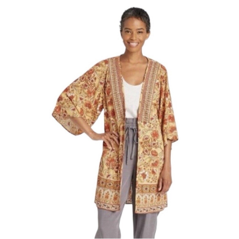 Knox Rose Open Boho Floral Kimono Duster Cardigan Womens XS/S 70s Retro Cottage